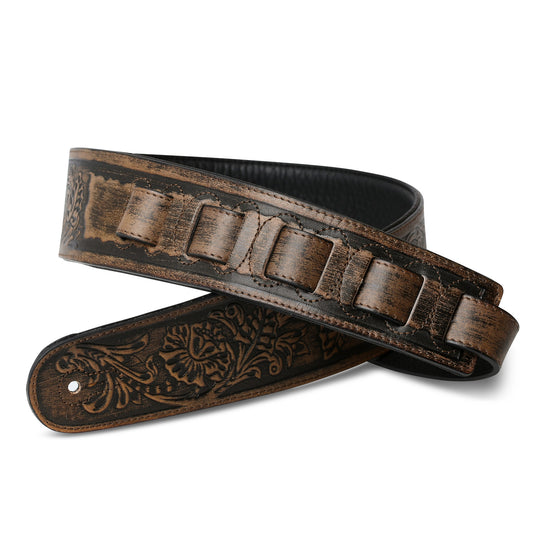 ISUZI LIF03 tan leather guitar strap with leaf engraving
