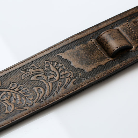 ISUZI LIF03 tan leather guitar strap with leaf engraving – view 2 of 2